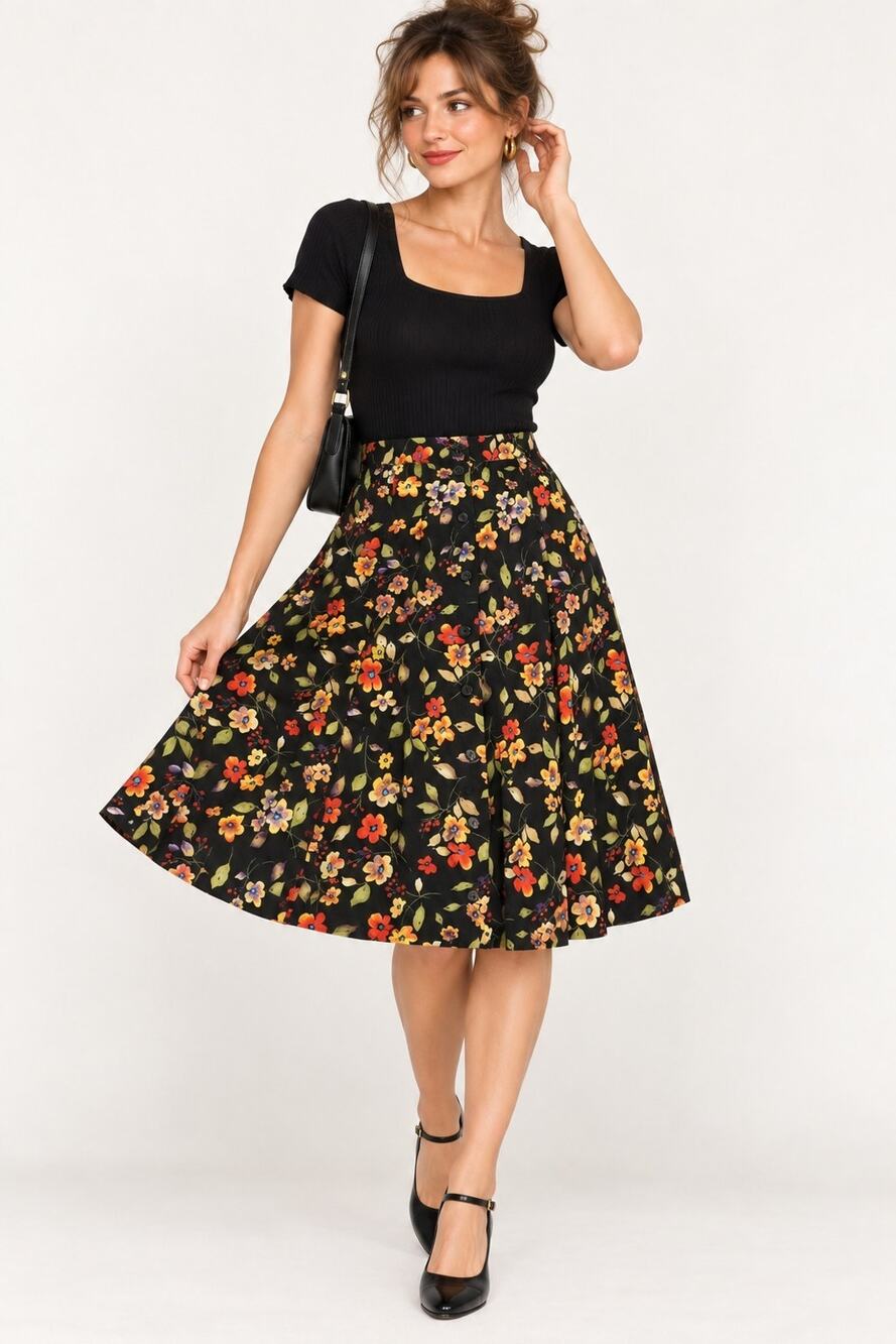 Vtg XL 90s Sag Harbor Floral Skirt Black Button Front A-Line Cottagecore Midi
